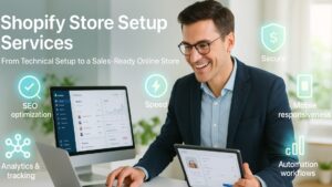 Shopify store setup showing a professional entrepreneur actively launching and managing an optimized online store