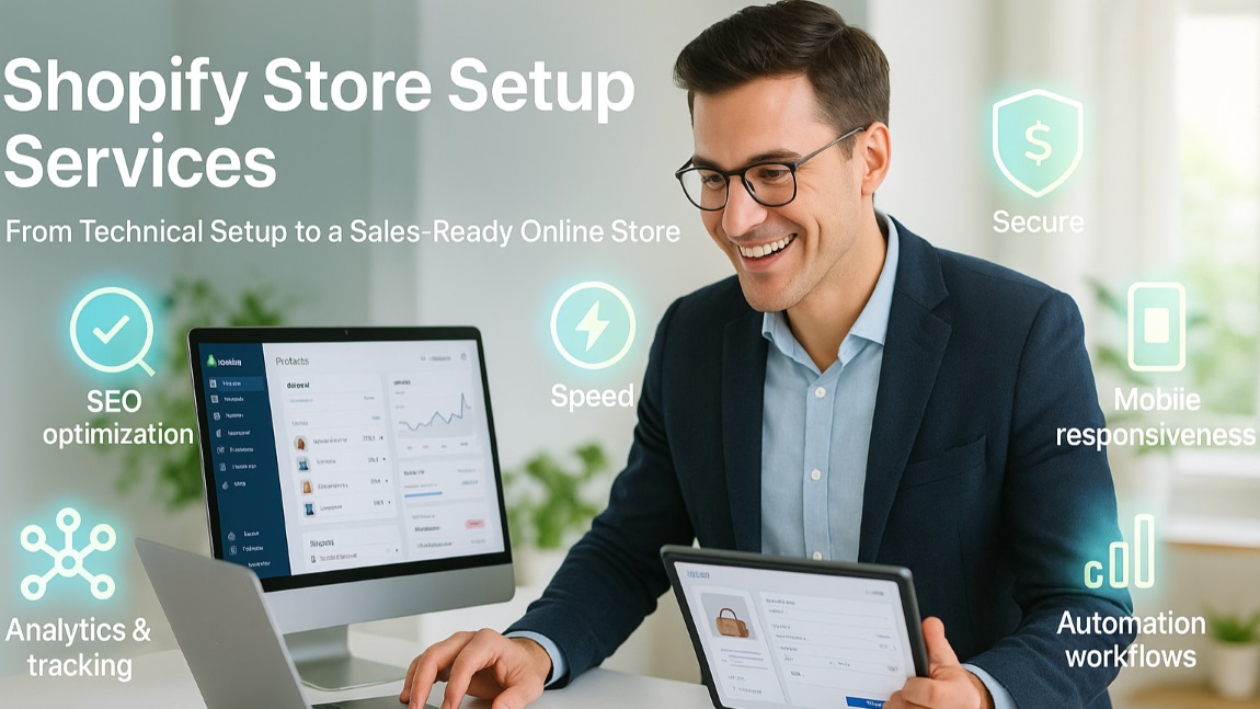Shopify store setup showing a professional entrepreneur actively launching and managing an optimized online store