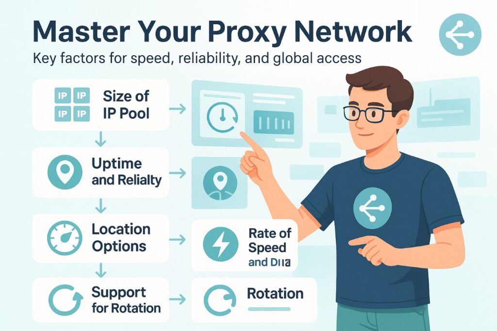 Infographic showing network quality checklist for Static Residential vs ISP Proxies including IP pool size, uptime, location, speed, and rotation support