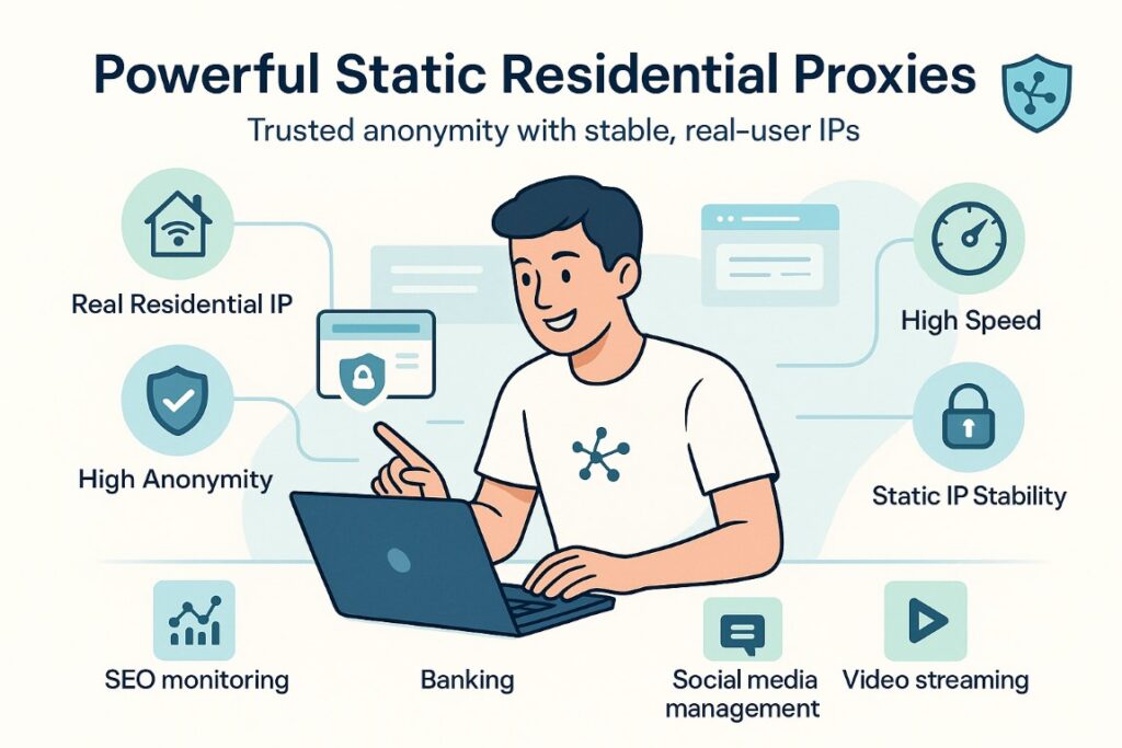 Static Residential Proxies infographic showing high anonymity, stable IPs, and real residential IP benefits