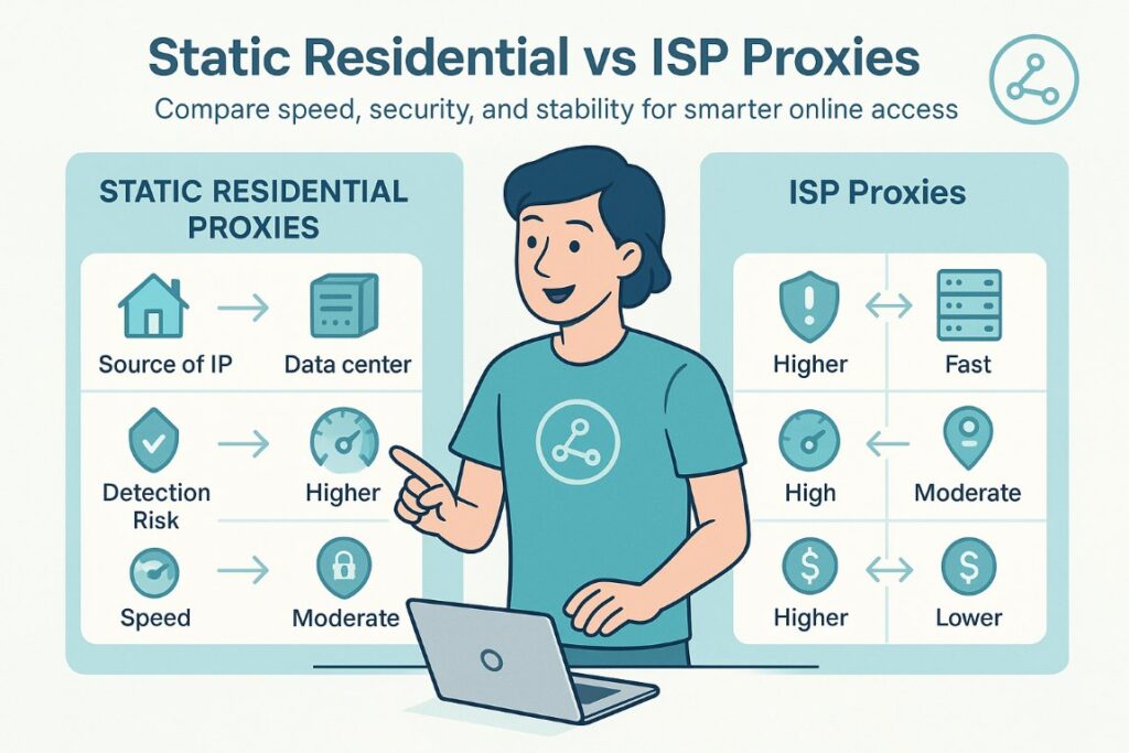Infographic comparing Static Residential Proxies and ISP Proxies showing differences in IP source, speed, detection risk, stability, and cost