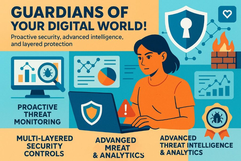 Infographic showing the strategic role of Managed Security Service Providers in modern business including proactive threat monitoring, multi-layered security, and advanced threat intelligence