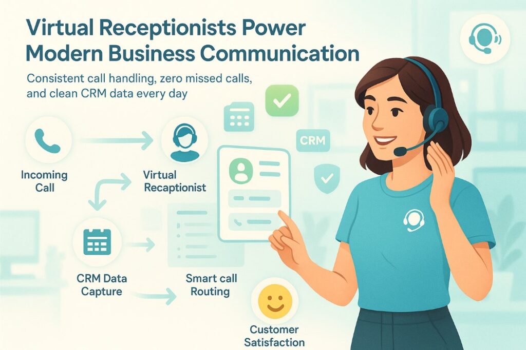 Virtual receptionist services managing business calls with real-time CRM data capture and customer support workflow