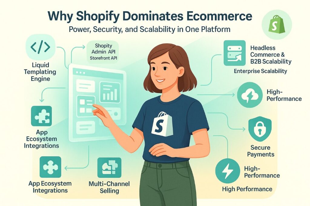 Infographic explaining why Shopify store is the best ecommerce platform for secure payments, scalability, and integrations
