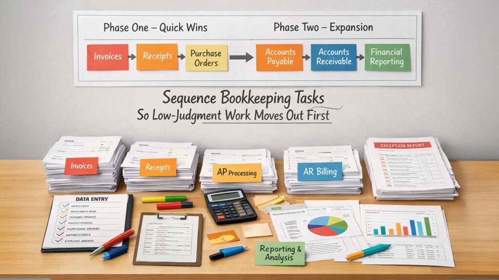 Sequence Bookkeeping Tasks So Low-Judgment Work Moves Out First 