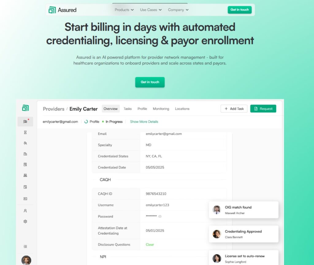 Assured healthcare software infographic showing AI-powered provider credentialing and compliance workflow