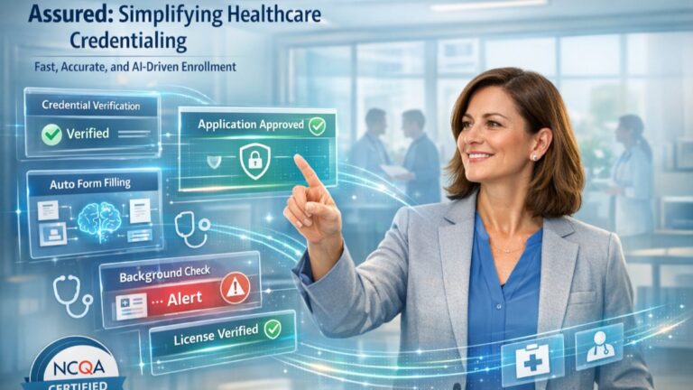 Assured healthcare software showing AI-powered provider credentialing and compliance dashboard