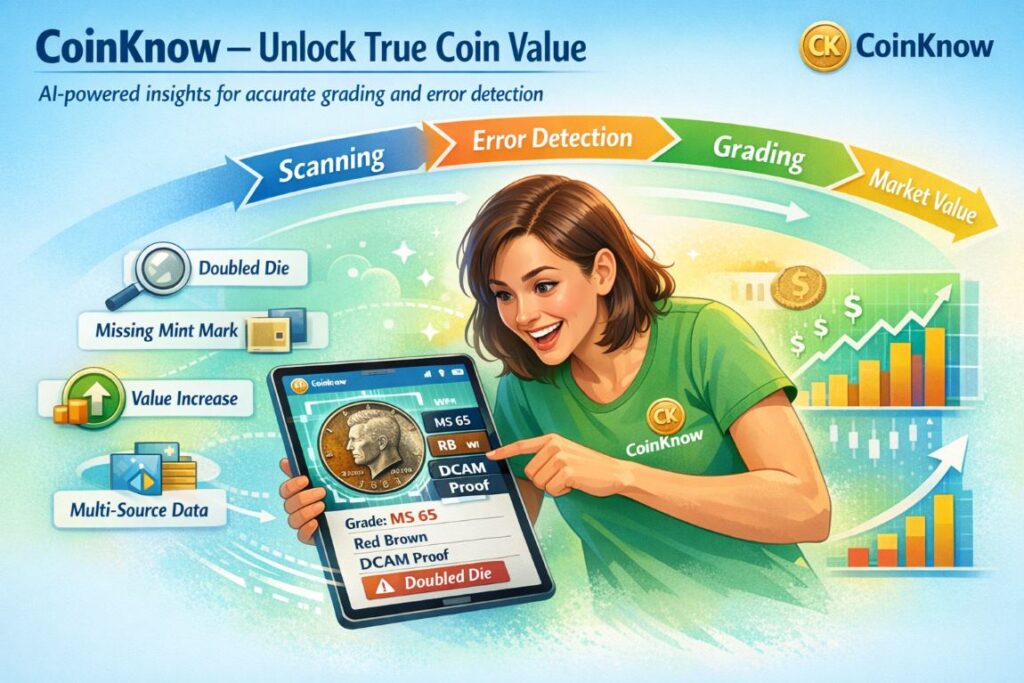 Best Coin Value Apps infographic showing CoinKnow AI coin identifier with grading, error detection, and market value workflow