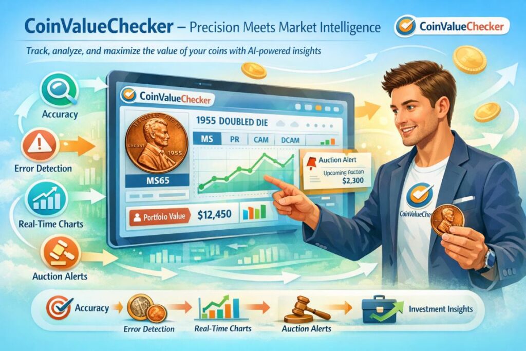Best Coin Value Apps infographic showing CoinValueChecker with AI-powered coin grading, error detection, and real-time market analysis