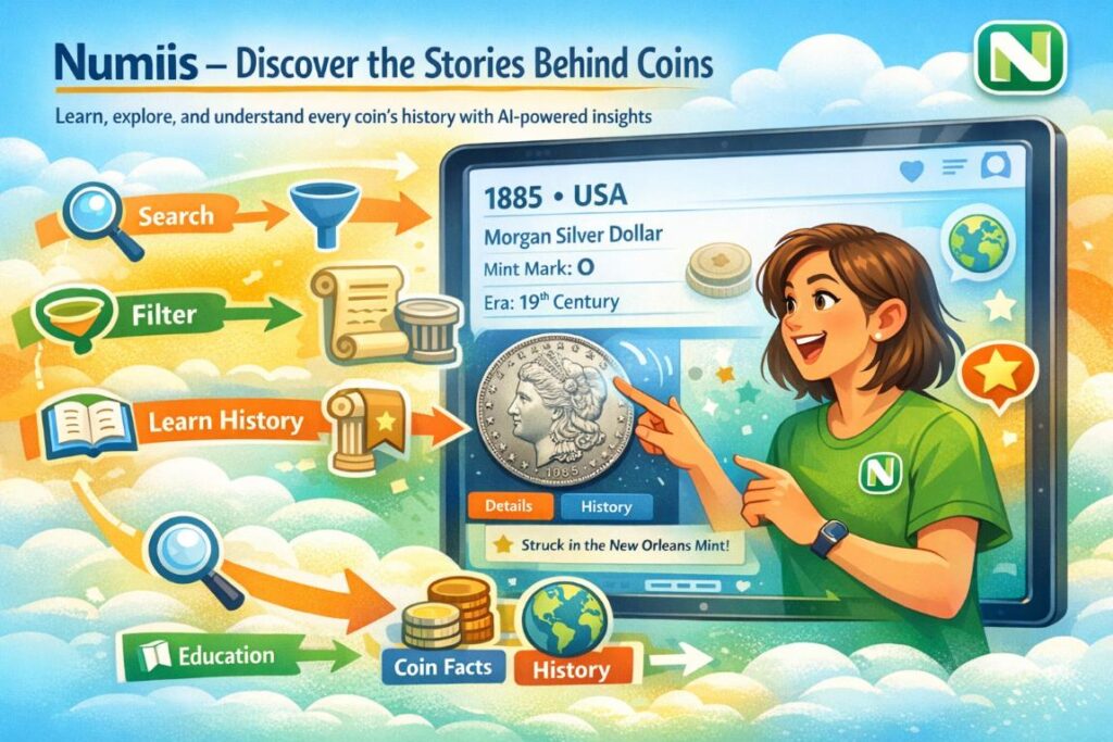 Best Coin Value Apps infographic showing Numiis coin identifier with educational features, historical context, and coin filtering workflow