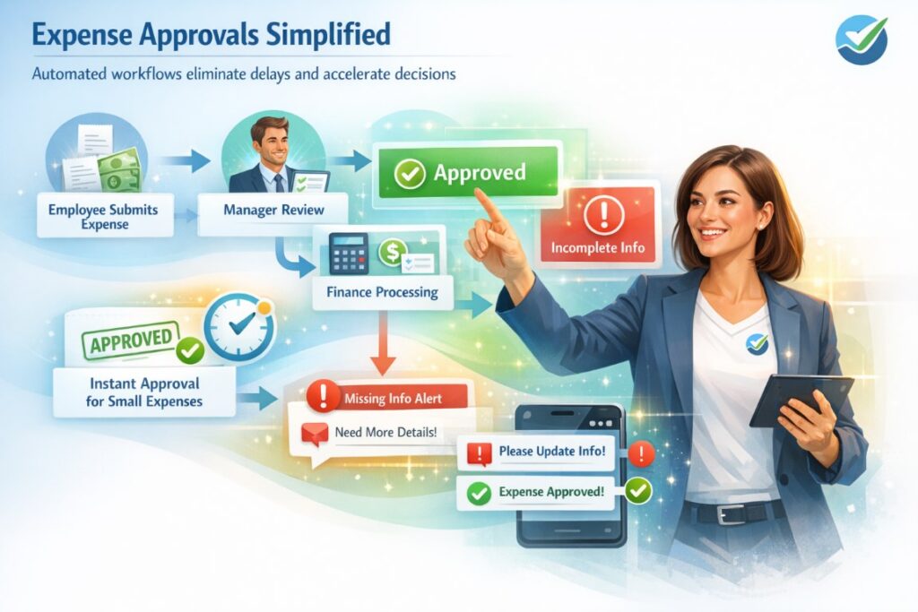 Business processes automation infographic showing streamlined expense approval workflow