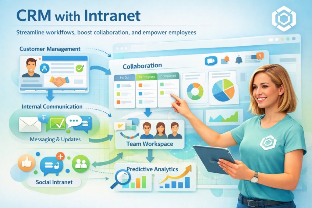 Infographic showing CRM with Intranet integration, active professional managing workflows, collaboration, and employee engagement