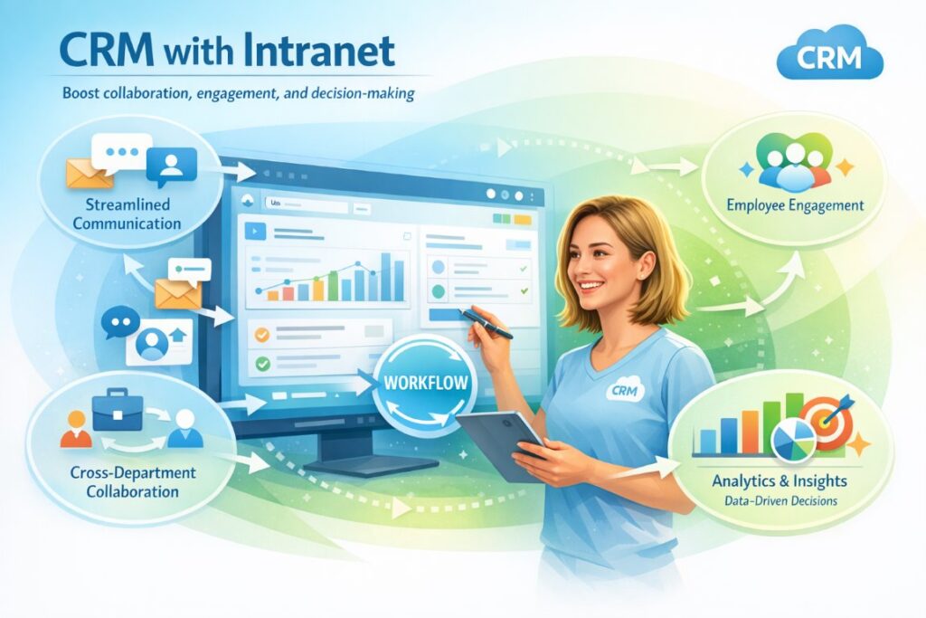 Infographic showing the benefits of CRM with Intranet integration with an active professional managing workflows, collaboration, and employee engagement