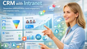 Active professional using CRM with Intranet dashboard to boost employee engagement and streamline internal communication