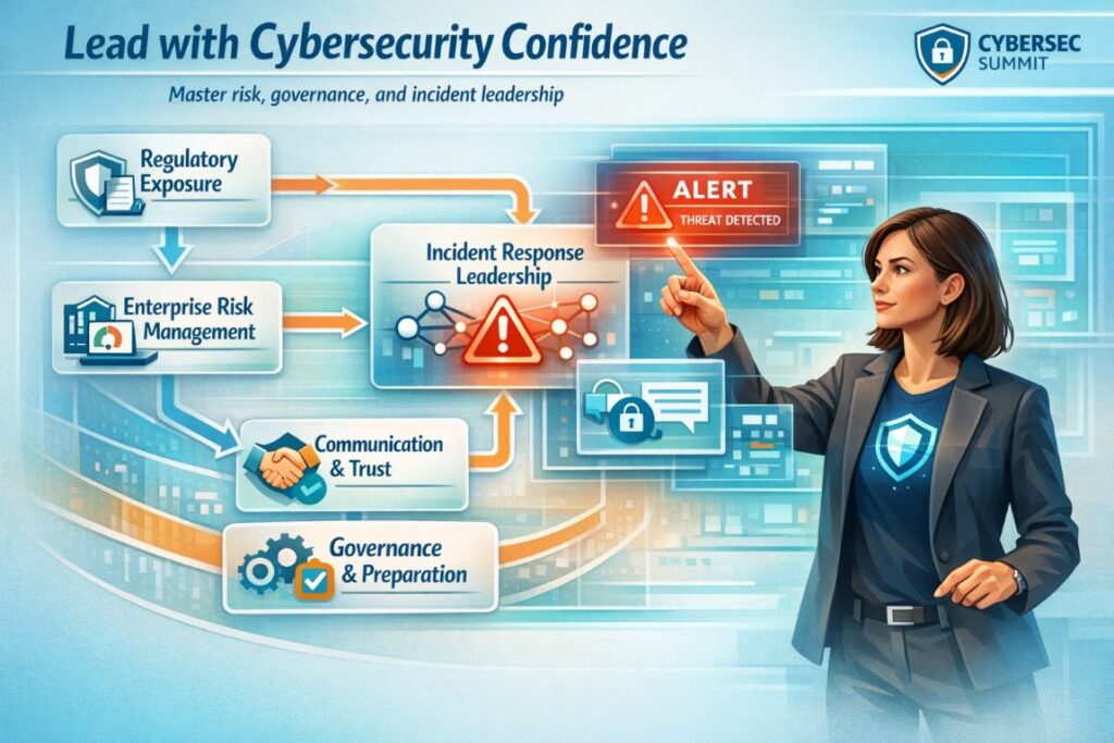 Executive leader actively managing cybersecurity risks and incident response at a technology conference, highlighting key strategies from cybersecurity and risk management conferences.
