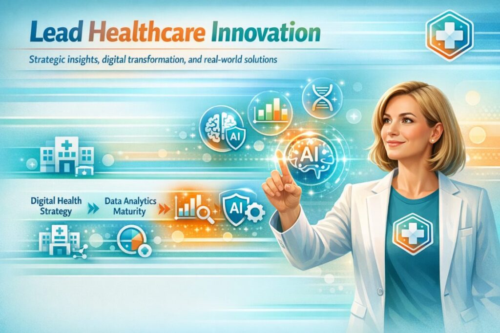 Executive leader engaging with digital healthcare technology at a conference, highlighting strategic insights and innovation in healthcare-focused technology conferences.