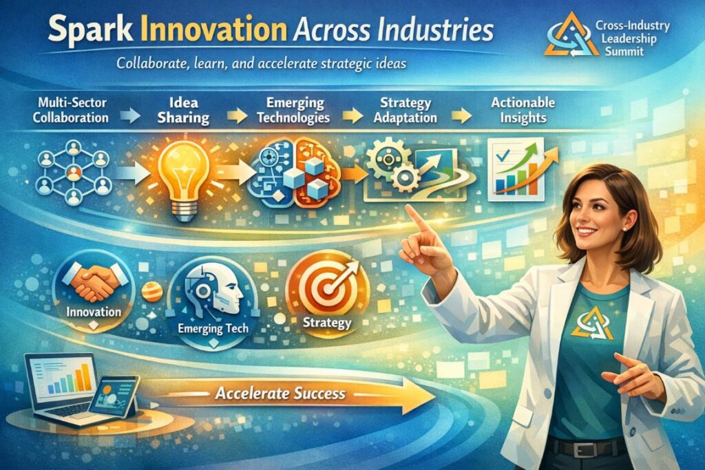 Executive leader actively collaborating with peers across industries, engaging with digital tools and emerging technologies at an innovation and cross-industry leadership conference.