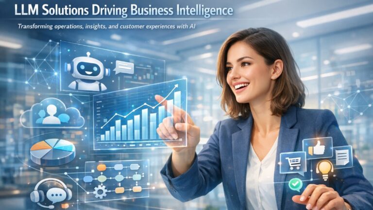 Confident professional using futuristic AI dashboards and holographic interfaces showcasing LLM Solutions transforming business operations and customer experience