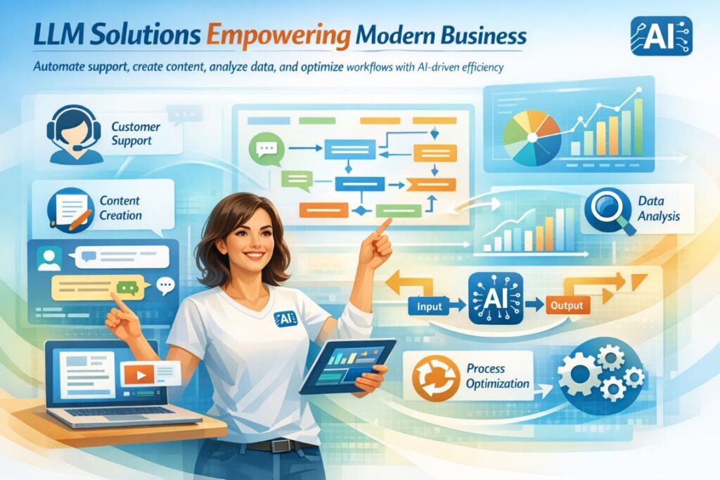 Infographic showing an active professional interacting with AI workflows, highlighting key applications of LLM Solutions in customer support, content creation, data analysis, and process optimization
