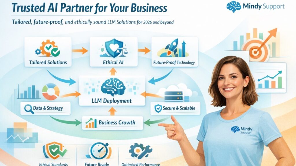Infographic showing a professional actively interacting with AI workflows and dashboards, illustrating Mindy Support as a trusted partner providing tailored, future-proof, and ethical LLM Solutions
