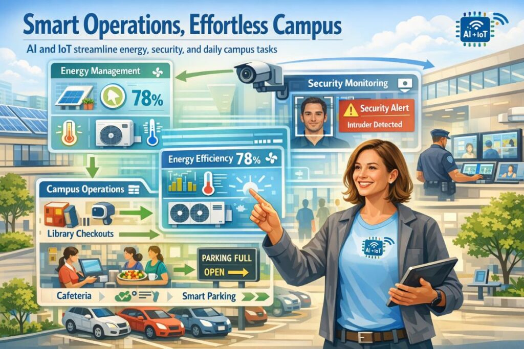 LoT and AI in Higher Education streamlining campus operations including energy, security, and daily tasks for efficient management