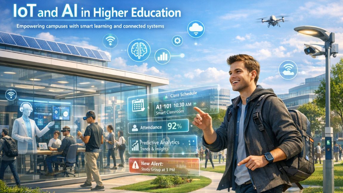 LoT and AI in Higher Education transforming campuses with smart classrooms, connected devices, and student analytics