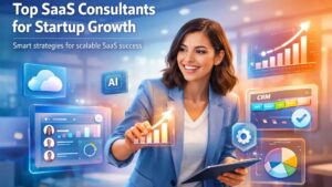 Top SaaS Consultants helping startups scale with expert strategies, cloud, CRM, and AI solutions in a modern workspace.
