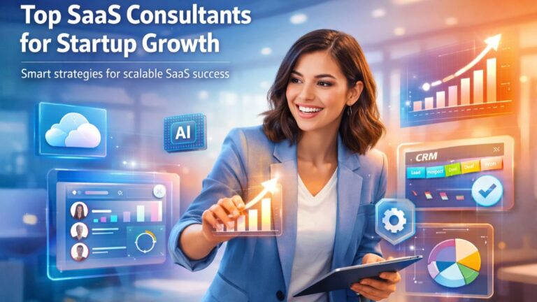 Top SaaS Consultants helping startups scale with expert strategies, cloud, CRM, and AI solutions in a modern workspace.