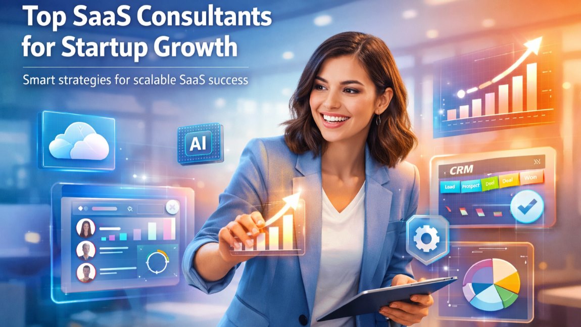 Top SaaS Consultants helping startups scale with expert strategies, cloud, CRM, and AI solutions in a modern workspace.