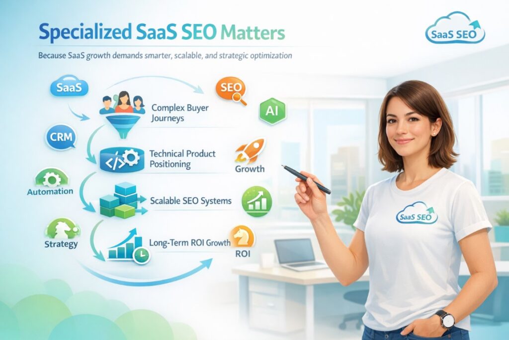 SaaS SEO experts explaining why startups need specialized SEO strategies through an infographic workflow