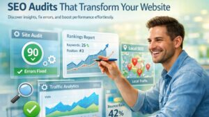 A confident digital marketer analyzing website performance on a futuristic SEO audit dashboard with charts, local heatmaps, and technical optimization metrics