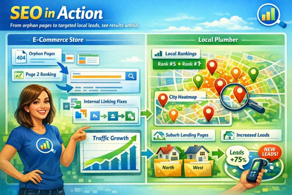 Infographic showing real-life SEO Audit scenarios including e-commerce orphan pages and local plumber heatmap with traffic and ranking improvements
