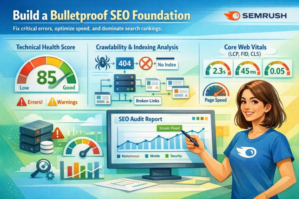 Infographic showing a smart digital marketer analyzing technical SEO metrics including website health score, crawlability, and Core Web Vitals
