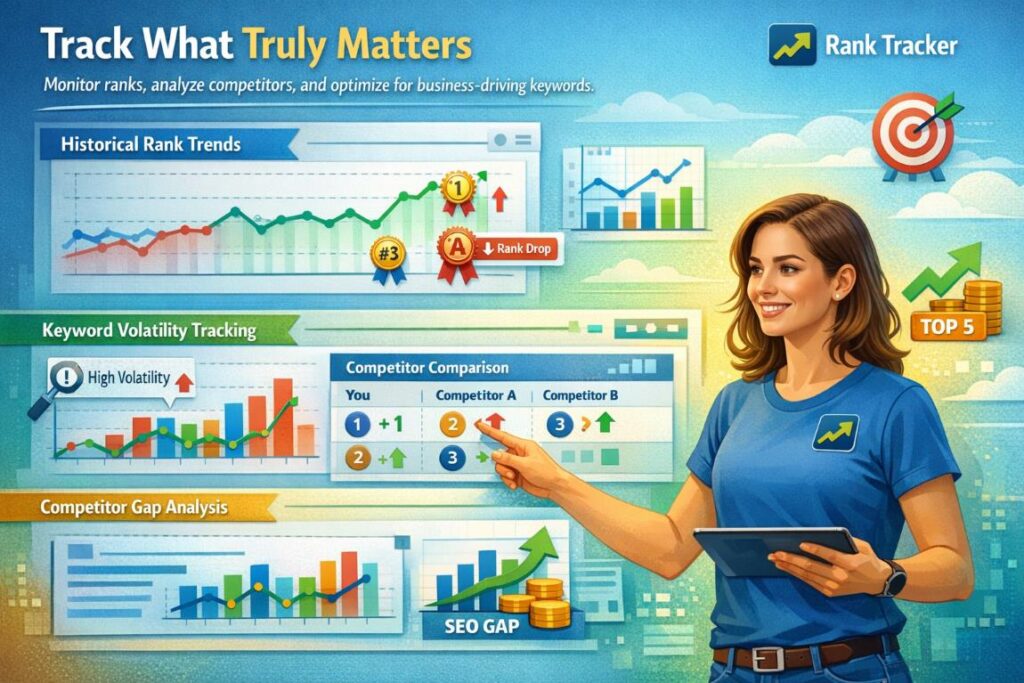 Infographic showing a female digital marketer analyzing historical rank trends, keyword volatility, and competitor gap analysis for SEO Audit
