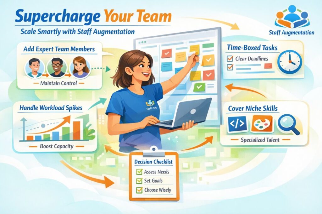 Infographic showing key takeaways of Staff Augmentation for software development, including workload spikes, niche skills, and team scaling