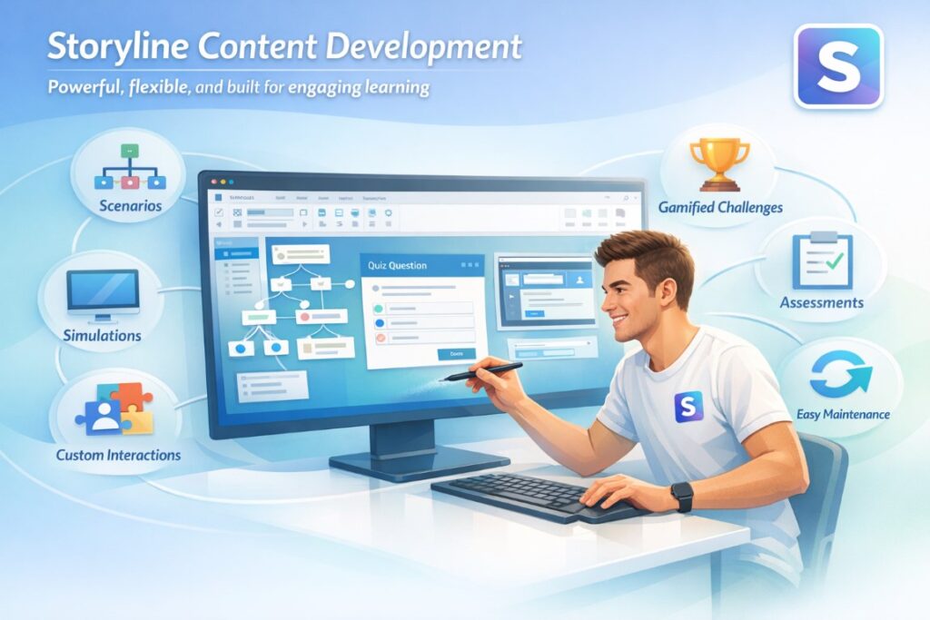 Storyline content development infographic showing interactive eLearning workflow with scenarios, simulations, and assessments