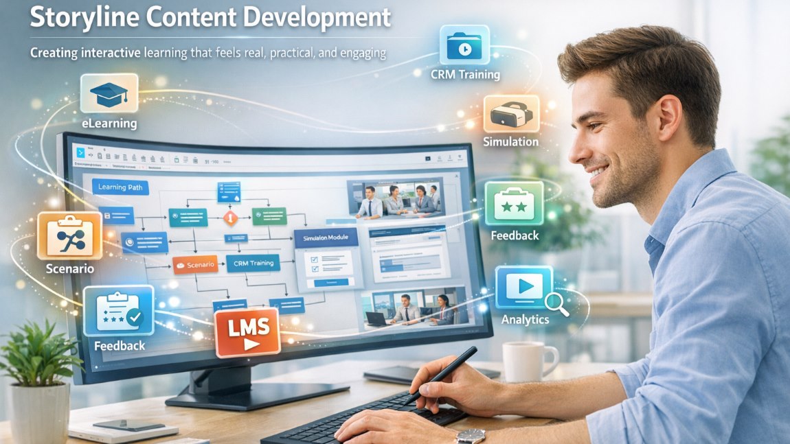 Storyline content development showing interactive eLearning course design with scenario-based training and simulations