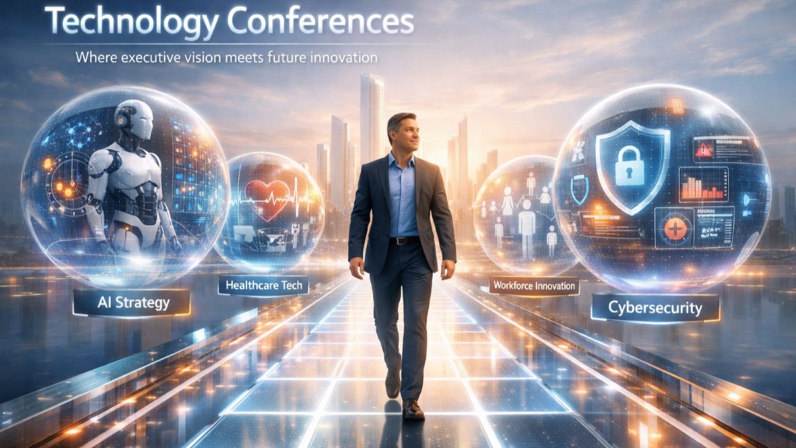 Executive leader exploring futuristic technology at a digital conference, representing insights from technology conferences.