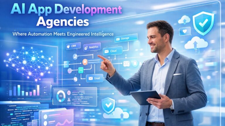 Tech professional managing AI-powered SaaS platform with automation workflows, data analytics dashboards, and intelligent application architecture representing AI app development agencies in the USA.