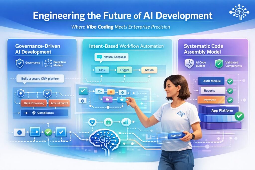 Infographic showing how AI app development agencies in the USA use vibe coding, governance frameworks, and validated workflows to build secure enterprise AI applications.
