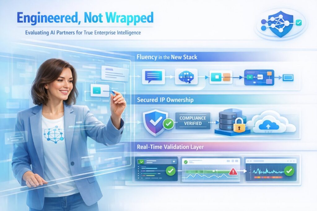 Infographic showing how AI app development agencies in the USA are evaluated based on tech fluency, IP security, and real-time validation workflows