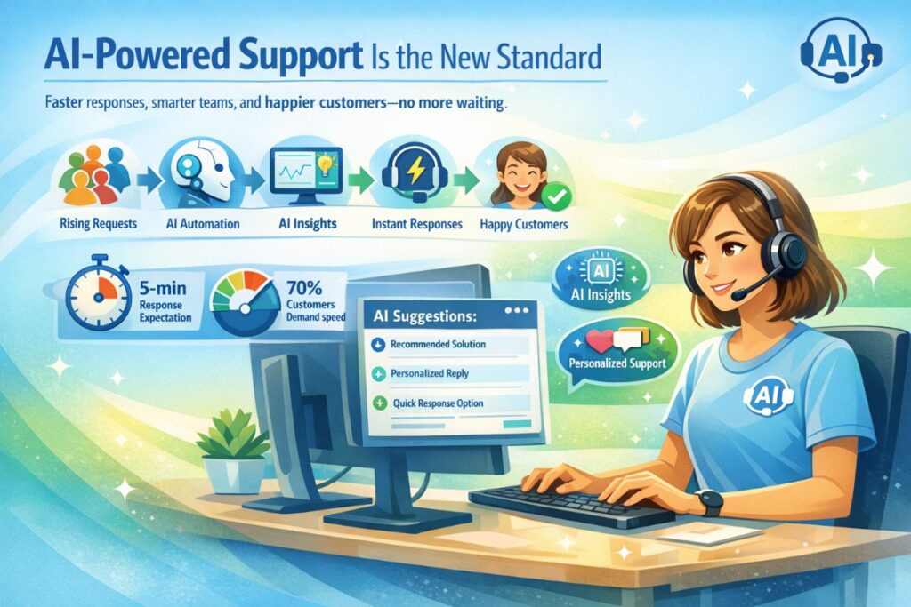 Infographic showing AI-powered customer service tools improving response times, agent efficiency, and customer satisfaction.