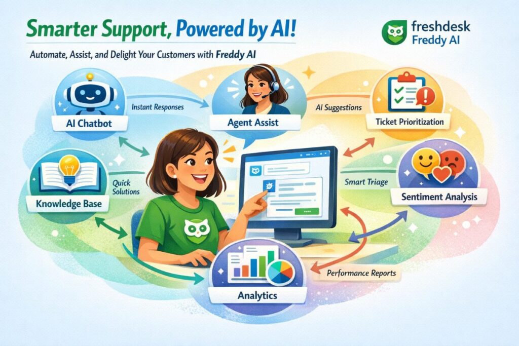 Infographic showing evaluation of AI-powered customer service tools with workflow icons, agent assistance, and customer experience improvements.