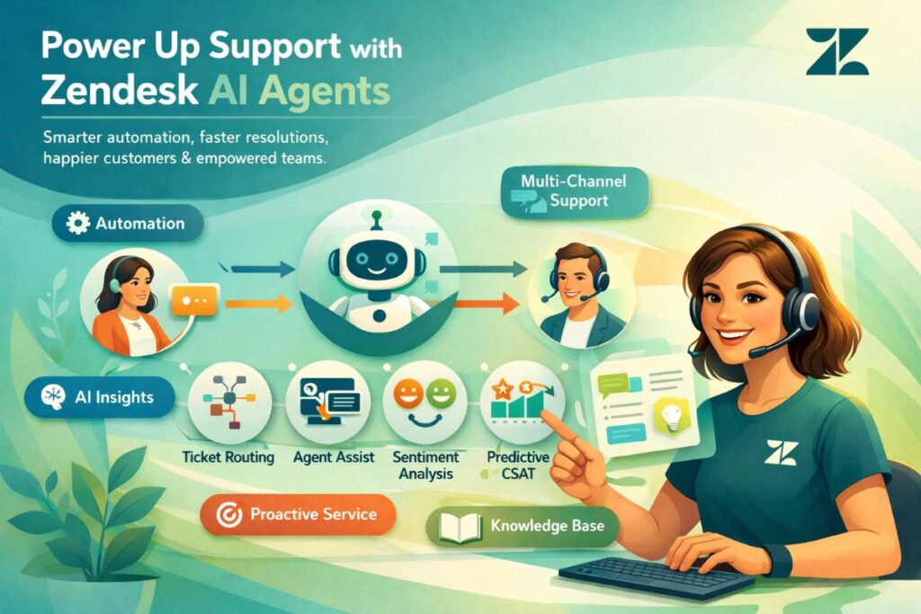 Infographic showing Zendesk AI-powered customer service tools enhancing support with chatbots, intelligent routing, agent assistance, and predictive insights.