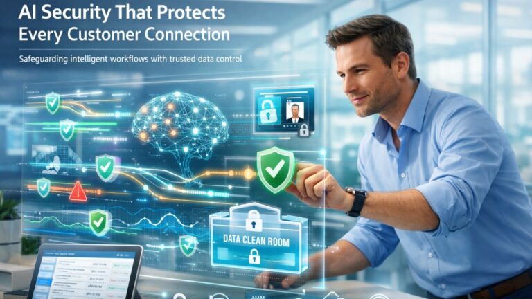AI security dashboard protecting CRM customer data with real-time threat detection and secure automated workflows