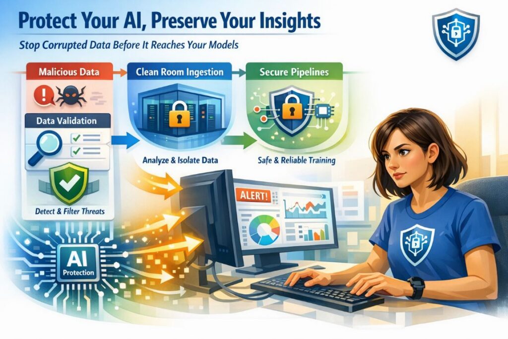 Infographic showing AI security workflow to prevent data poisoning, with clean data pipelines, validation checks, and active user monitoring