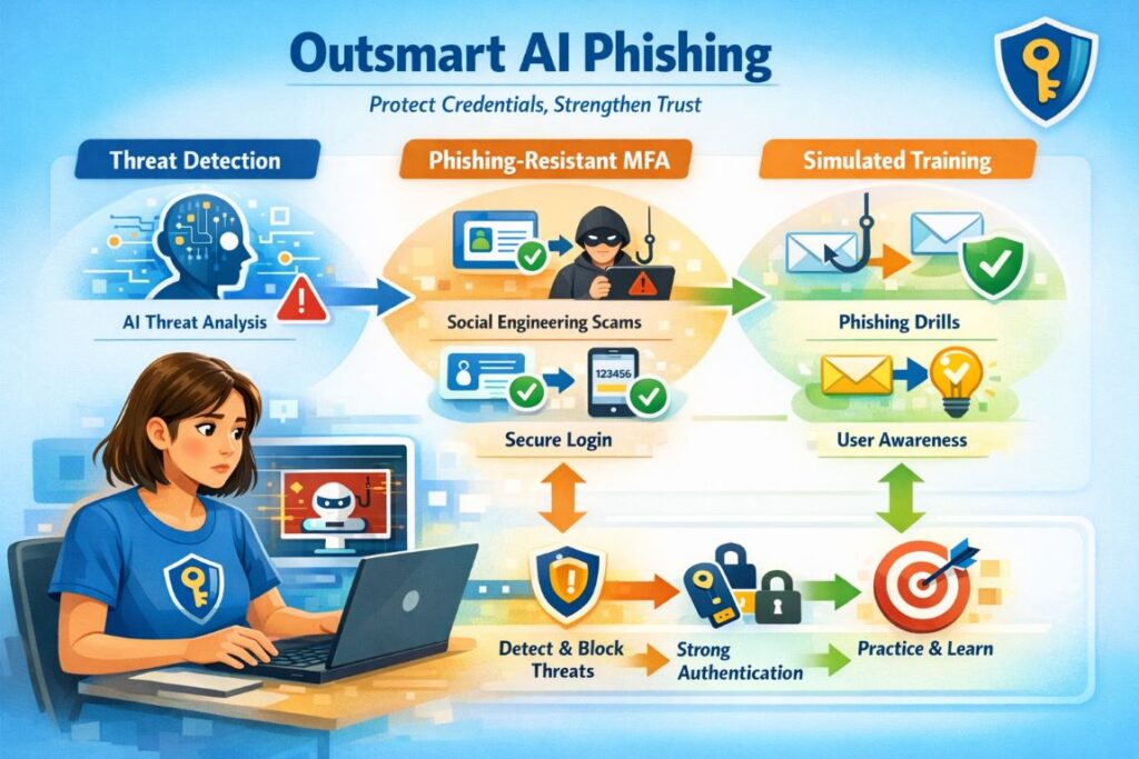 Infographic showing defense against AI-driven social engineering with phishing-resistant multi-factor authentication, AI threat simulation, and secure workflows