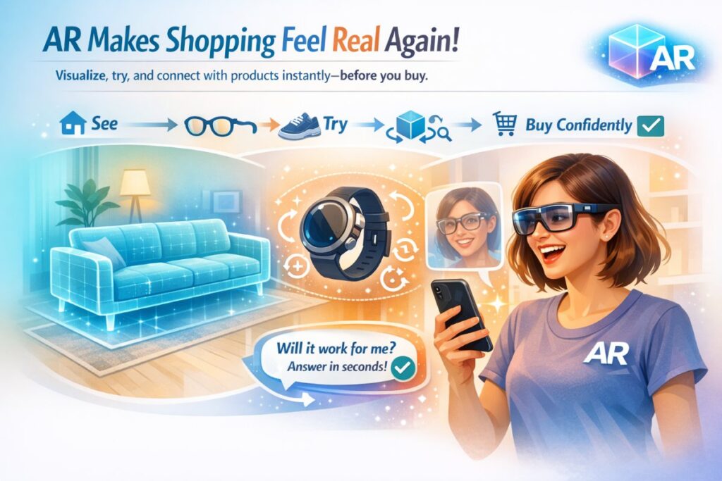 Augmented Reality in e-commerce infographic showing virtual product try-on and 3D shopping experience