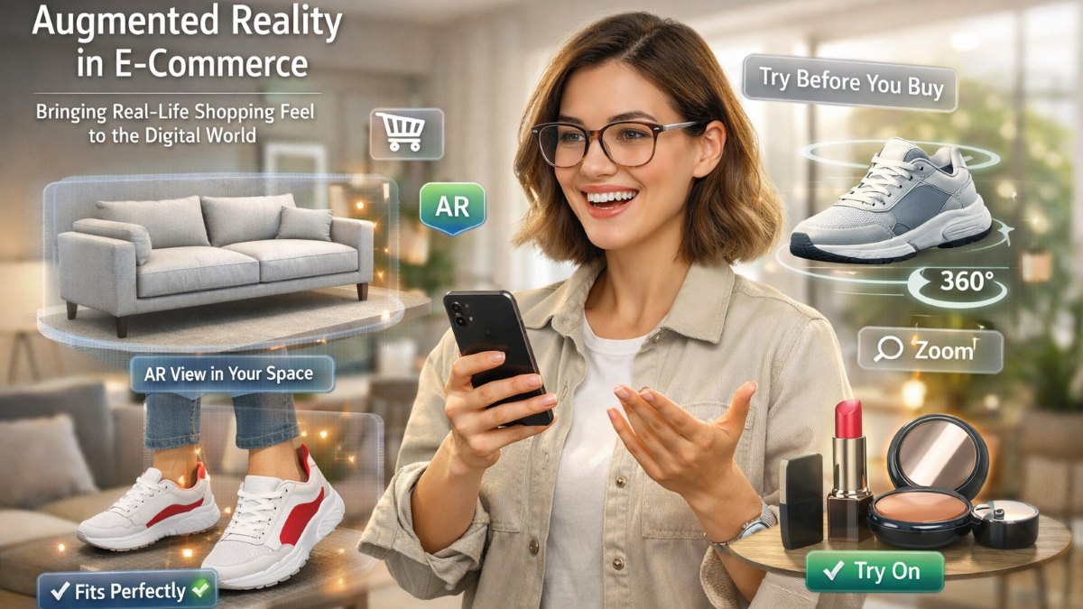 Augmented Reality in E-Commerce featured image showing a user using AR to try products like furniture, sneakers, and makeup online