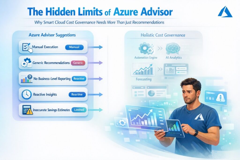 Azure Advisor limitations infographic showing manual execution, generic recommendations, reactive cost insights, and lack of business-level reporting in cloud cost optimization
